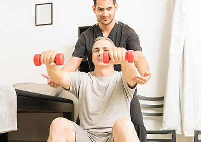Two men exercising together.
