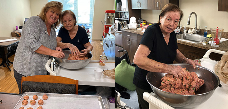 Mrs. R making meatballs in kitchen with a staff member