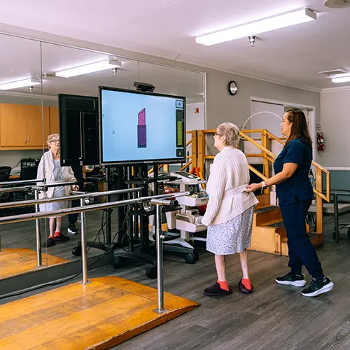An elderly woman doing occupational therapy with a therapist at Valley Palms