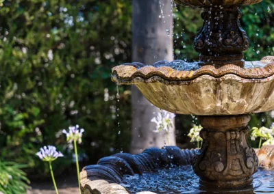 A close up of a fountain and flowers at Valley Palms