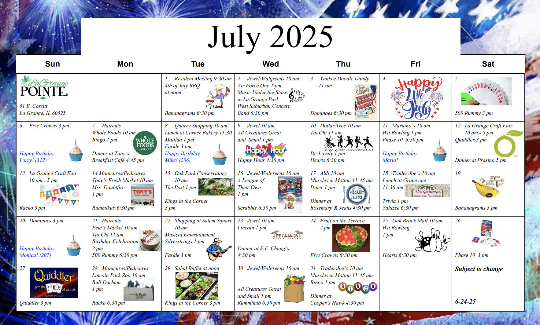 La Grange Pointe July Activity Calendar