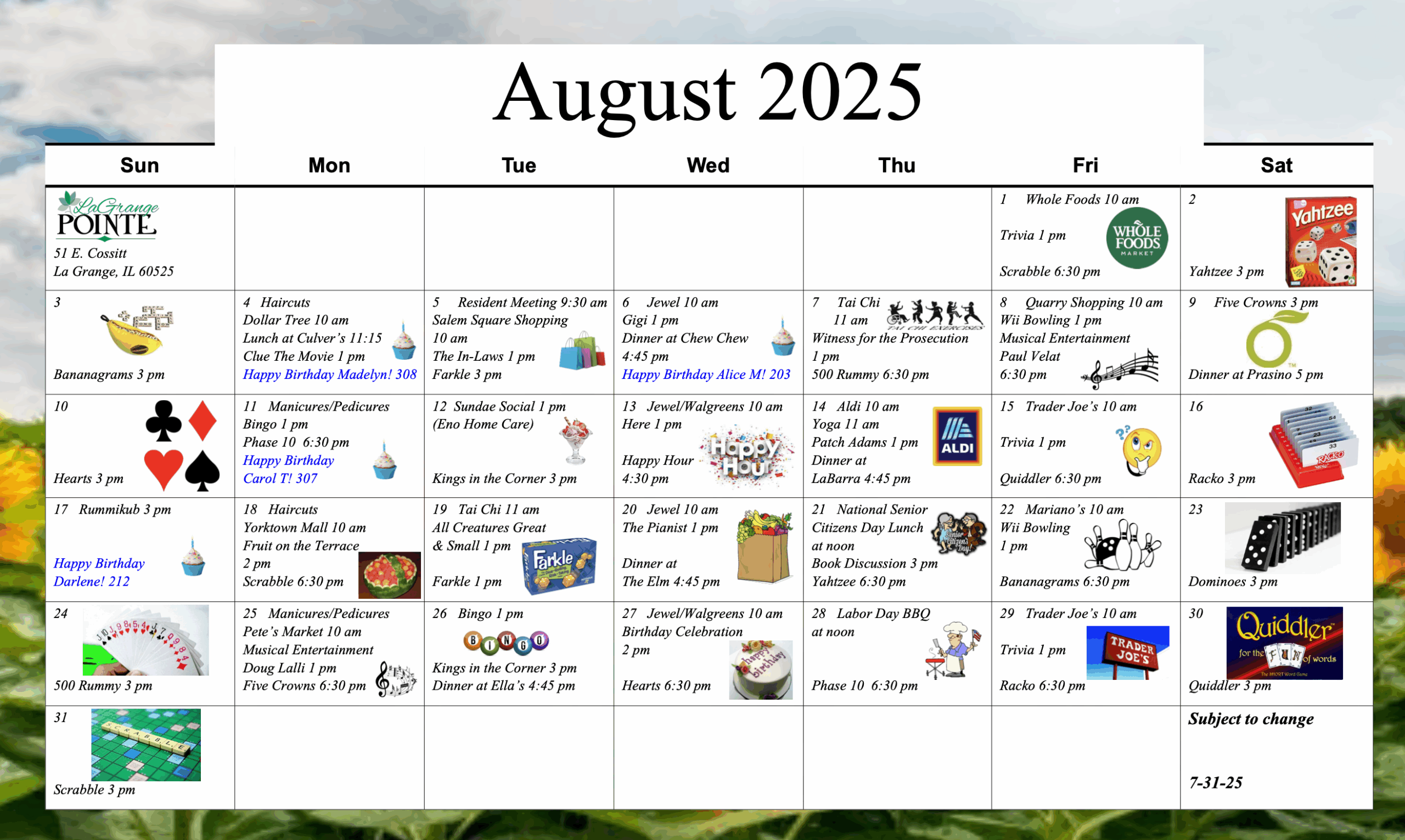 August La Grange Pointe activity calendar
