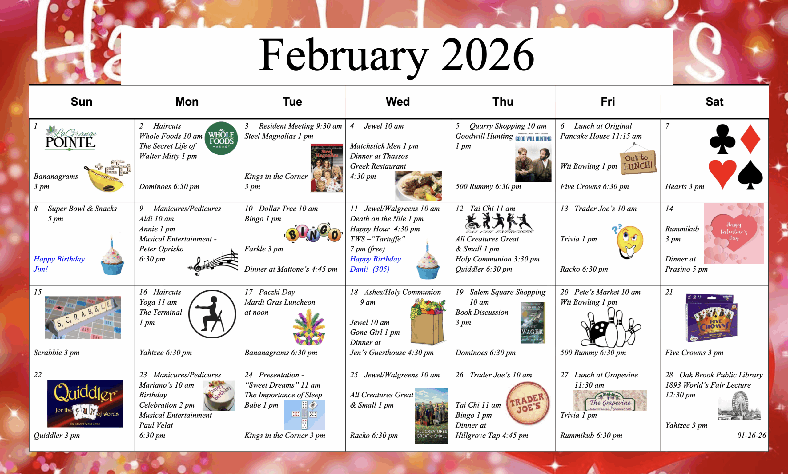 La Grange Pointe February Activity Calendar
