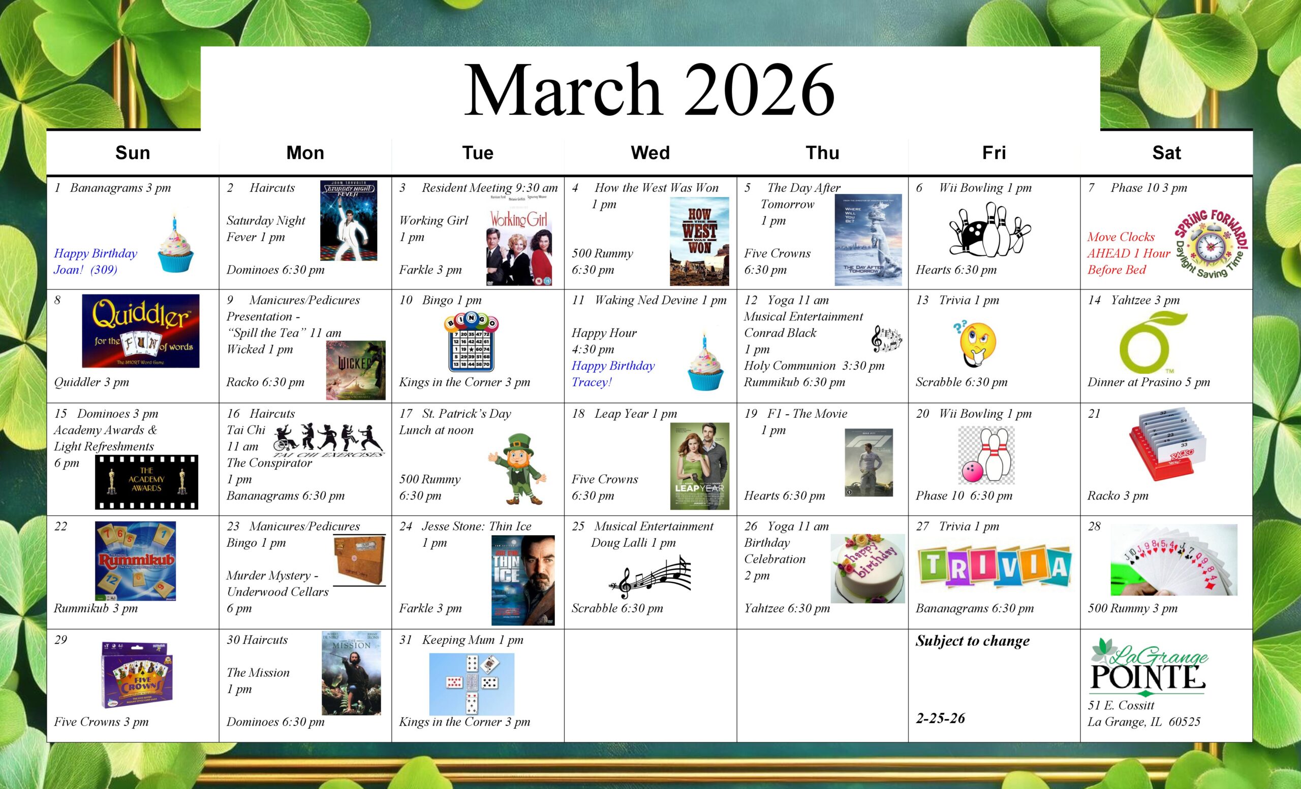 La Grange Pointe's March Activity Calendar