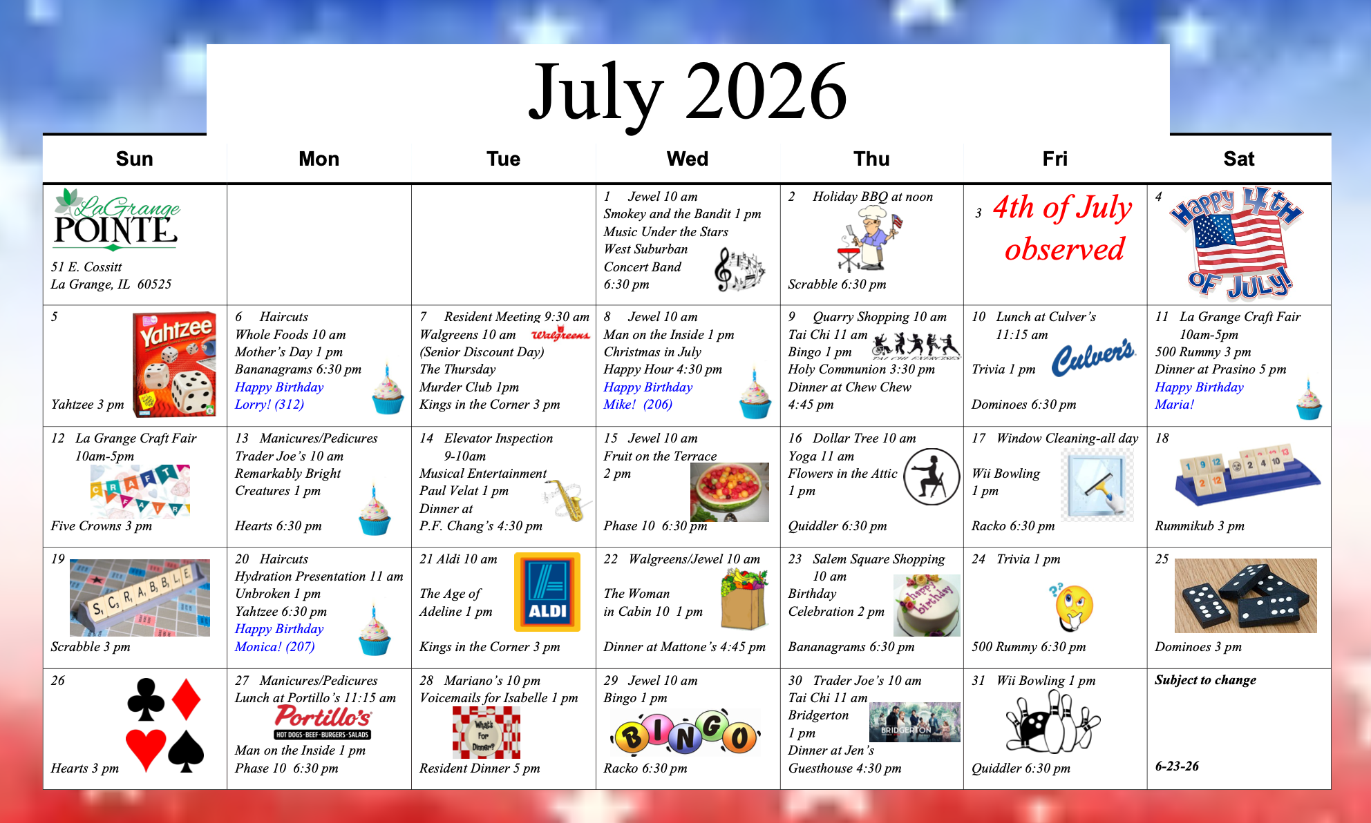 LaGrange Pointe July 2026 Activity Calendar
