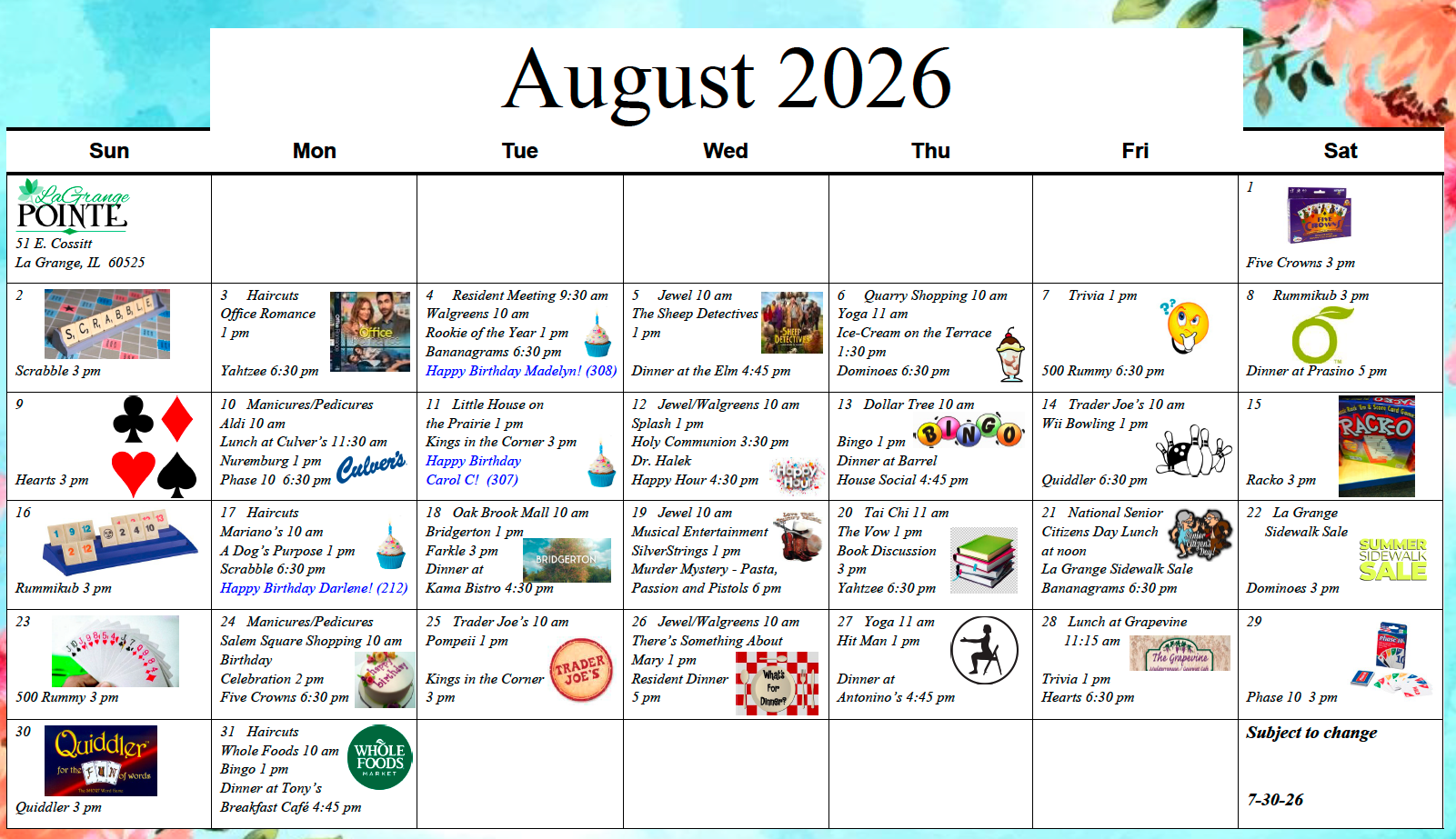 LaGrange Pointe August activity calendar