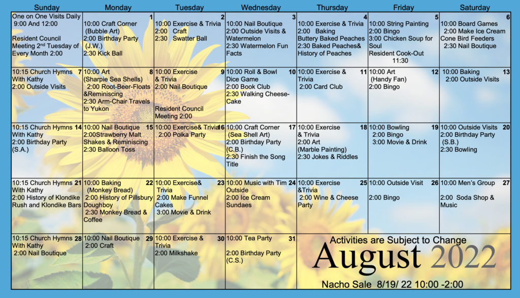 August 2022 Farmington Village activity calendar